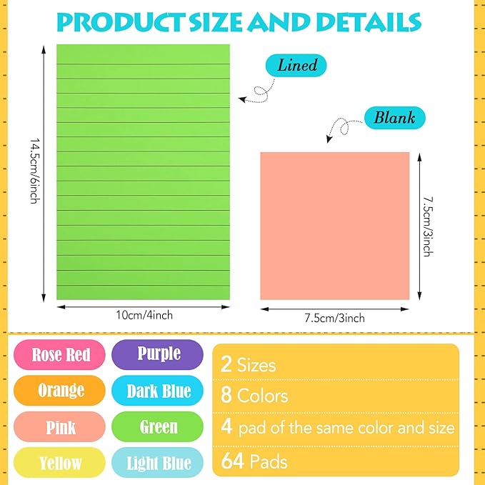 Yexiya 64 Pcs Lined Sticky Notes Self Stick Notes with Lines Bright Assorted Colors Sticky Pad for Home Office Products Post Memos, 1920 Sheets(4 x 6 Inch, 3 x 3 Inch,Stylish Color)