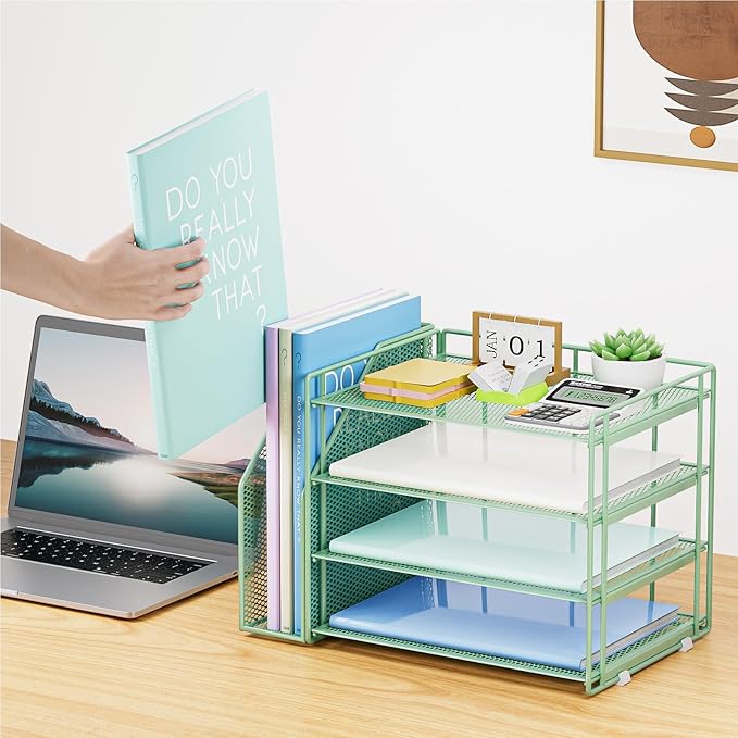 Marbrasse Desk Organizer and Accessories，4-Tier Paper Letter Tray Organizer with File Holder，Desk Accessories & Workspace Desktop Organizers for School Home Office Supplies (Green)