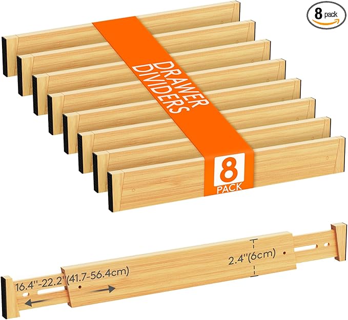 Lifewit 8 Pack Drawer Dividers Bamboo 2.4" High, 16-22" Adjustable Drawer Organizers for Clothes, Wooden Dresser Separators in Bedroom/Bathroom/Kitchen/Fridge/Office Organization and Storage