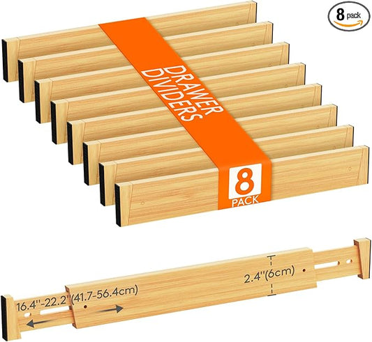 Lifewit 8 Pack Drawer Dividers Bamboo 2.4" High, 16-22" Adjustable Drawer Organizers for Clothes, Wooden Dresser Separators in Bedroom/Bathroom/Kitchen/Fridge/Office Organization and Storage
