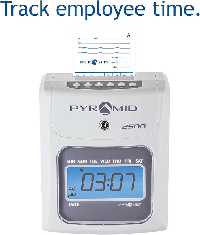 Pyramid Time Systems - Model 2500 Auto Aligning and Top Loading Time Clock [2500K1] Bundle Includes: Time Clock, 100 Time Cards, 2 Ink Ribbon cartridges, one 10 slot time card rack and 2 Security Keys