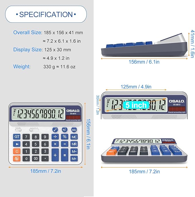 Desktop Calculator Extra Large 5-Inch LCD Display 12-Digit Big Number Accounting Calculator with Giant Response Button, Battery & Solar Powered, Perfect for Office Business Home Daily Use(6815-2pcs)