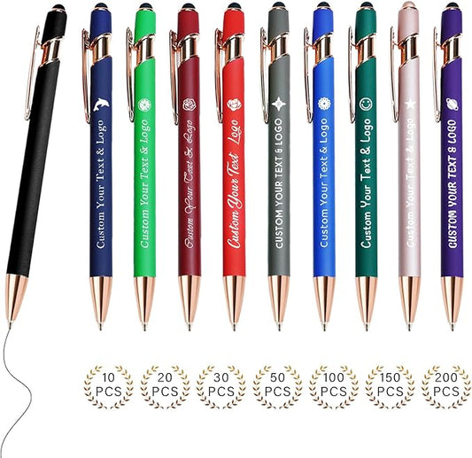 Custom Pens in Bulk with Multiple Colors Options,Engraved Double-Sided Personalized Pens with Design Text, Logo&Touch Stylus,Fine Point Smooth Writing, Ideal for Corporate, Students & Gifts
