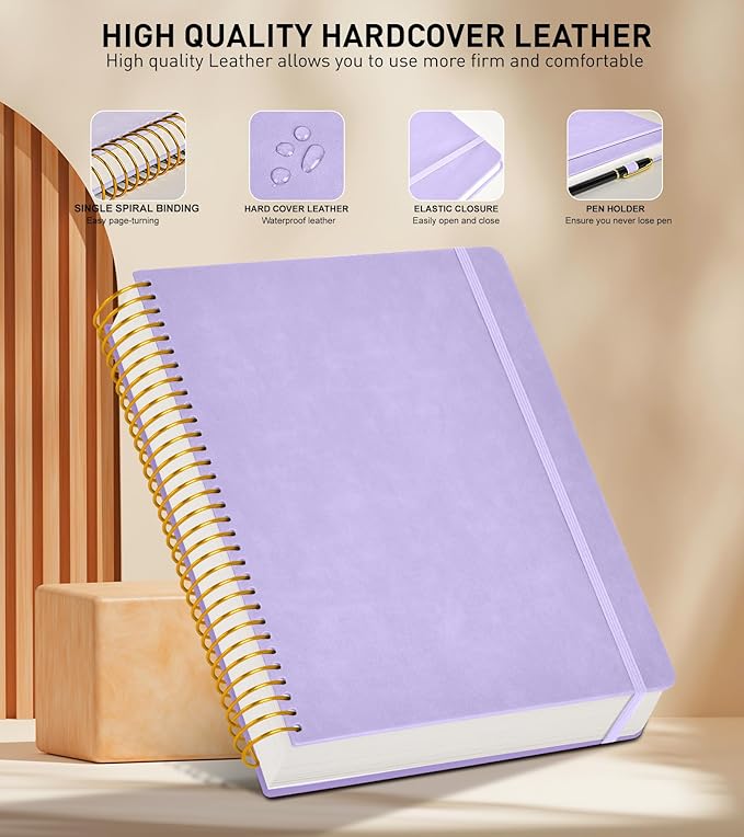 A4 Spiral Notebook Journal 8.5” x 11”, 256 Numbered Pages Hardcover Leather Journals for Women Men, Large Lined College Ruled Notebooks, 100GSM Thick Paper, Spiral Bound Journal for Work School, Purple
