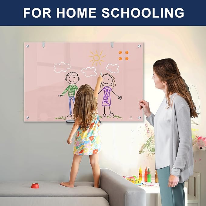 TSJ OFFICE Glass Dry-Erase Board - 36 x 24 Inches Wall Mounted Magnetic Whiteboard, Large Frameless Glass White Board for Office, Home & School, Pink