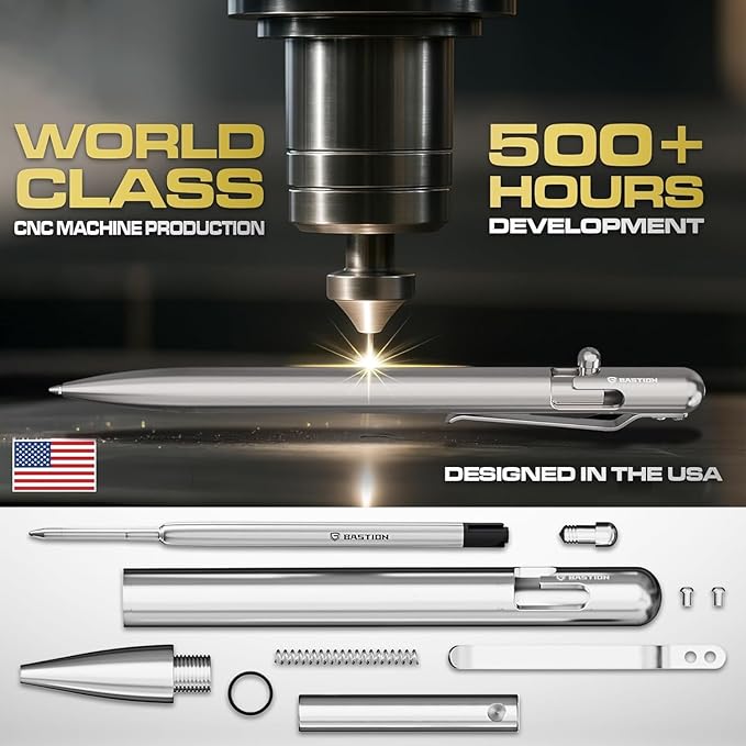 BASTION® Luxury Slim Bolt Action Pen, Durable EDC Pen with Fine Tip, Professional Ballpoint Pen for School and Work - Stainless