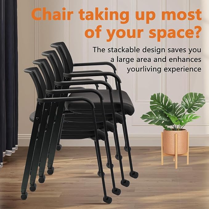 CLATINA Stacking Office Chair with Wheels, Mesh Back Waiting Room Guest Chairs with Arms Comfortable Leather Cushion Stackable Desk Chair for Conference Reception School Side Stationary, Black, 8 PK