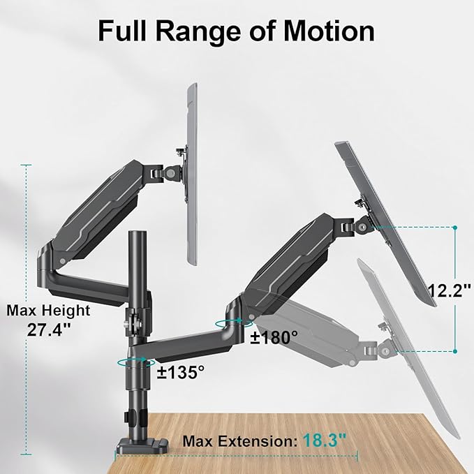 MOUNT PRO Dual Monitor Mount for 13-32" Computer Screen, Tall Monitor Stands for 2 Monitors, Adjustable Gas Spring Double Vertical Monitor Desk Mount, Each Arm Holds 4.4 to19.8lbs, VESA Mount, Black