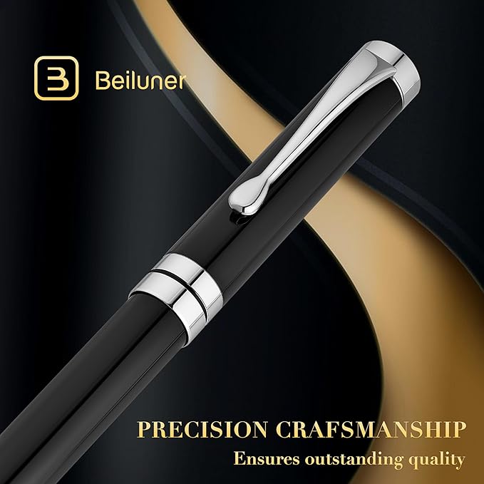 BEILUNER Ballpoint Pens, Stunning Black Chrome Ballpoint Pen with Silver Trim, Best Ball Pen Gift Set for Men & Women, Professional, Executive, Office, Fancy Pen-Gift Box With 0.5mm Extra Black Refill