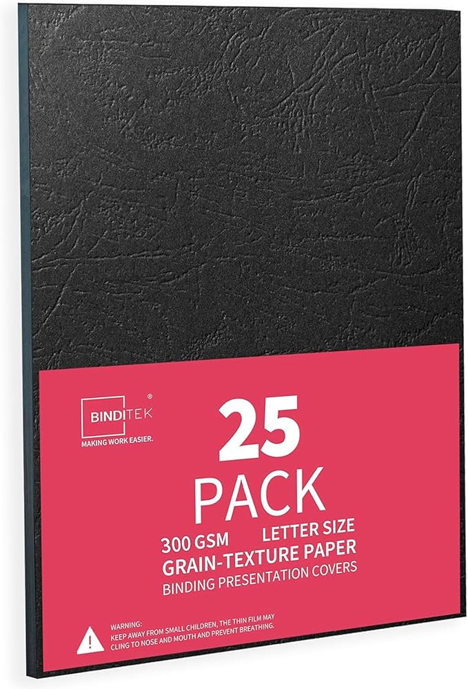 Binditek 25 Pack 16 Mil Grain-Texture Paper Binding Presentation Covers, 8.5 x 11 Inches, 110lb, Un-Punched, Letter Size, Black, Office Supplies