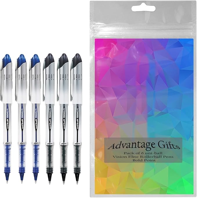 Vision Elite Rollerball Pens, Bold Point (0.8mm), Black/Blue Ink, 6 count, Bundle with Plastic Reusable Pouch