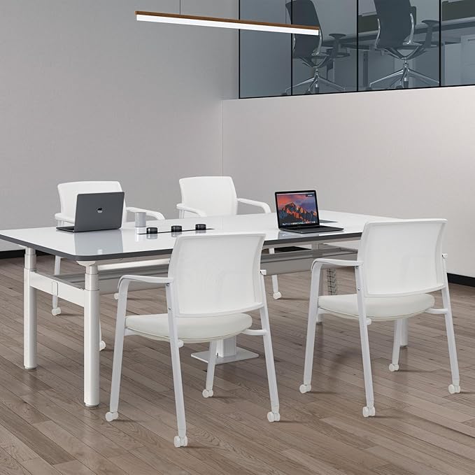 CLATINA Stacking Office Chairs with Wheels | Mesh Back, Thicken Leather Seat and Streamline Armrests, Ergonomic Lumber Support | School, Desk, Guest Reception, Waiting, Conference, White