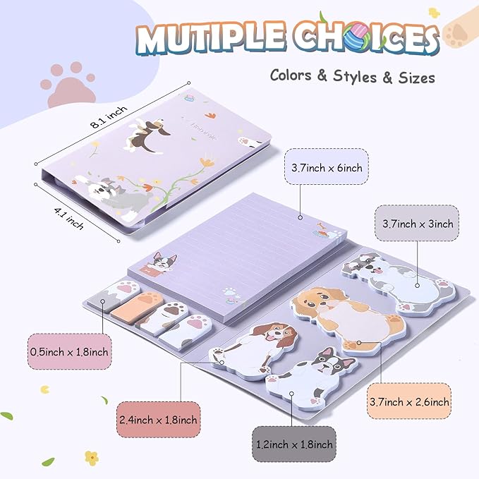 Hommie Cute Sticky Notes, Dog Sticky Notes Set Planner Dividers Self-Stick Notes Pads Animal Divider Tabs Bundle Writing Memo for Dog Lovers Home Office School Supplies