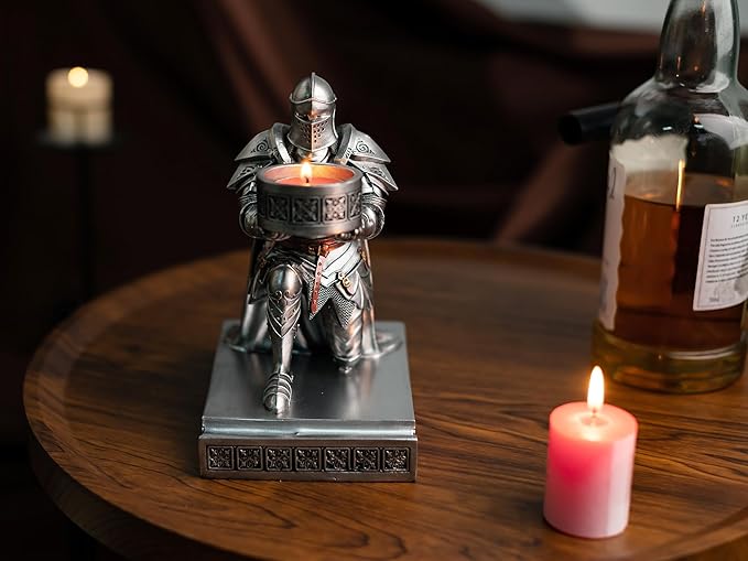 King's Guard Kneeling Knight Candlestick Holders Resin Posture TeaLight Holder Warrior Mobile Phone Stand Pen Holder Candle Holder for Restaurant, Altar, Home Table(Silver)