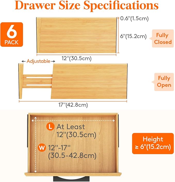 Lifewit 6 Pack Drawer Dividers Bamboo 6" High, 11-17" Adjustable Drawer Organizers for Clothes, Expandable Dresser Separators in Bedroom/Bathroom/Kitchen/Fridge/Office Organization and Storage