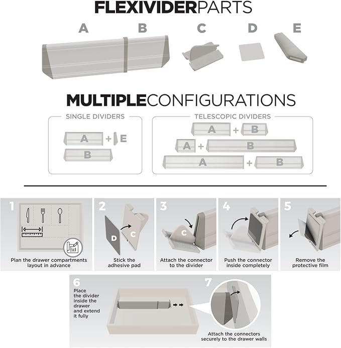 Practical Comfort FLEXIVIDER Aluminum Drawer Organizer - 9 Telescopic Dividers Set - Bronze