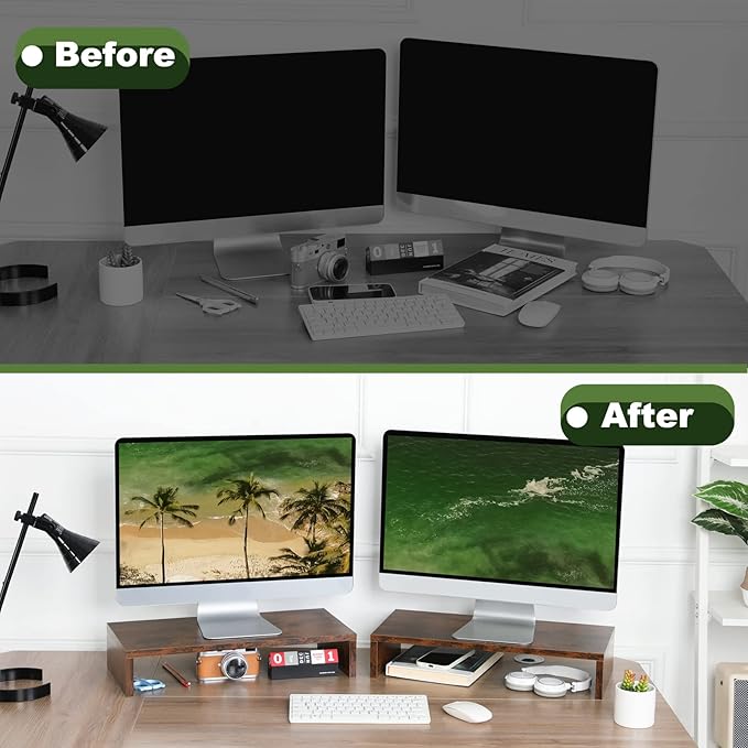 TEAMIX 2 Pack Monitor Stand Riser-20 inch, Wooden Tabletop Shelf for TV/PC/Laptop/Printer, Rustic Brown Monitor Riser with Storage, Computer Stand Ergonomic Design