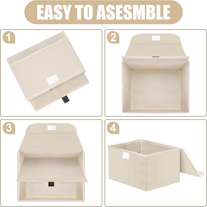 Small 8 Quart Linen Fabric Foldable Storage Bin Cube Organizer Basket with Lid & Handles, Collapsible Decorative Box Container for Home, Dorm, Closet, Beige, 10"x8"x6", 6-Pack