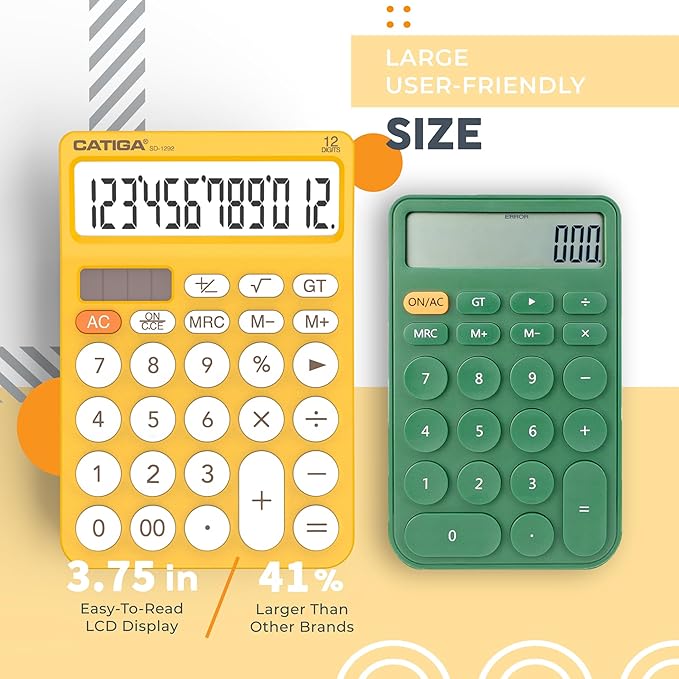 CATIGA 12 Digit Desktop Calculator Basic Desk Calculator with Large LCD Display, Big Buttons, 4 Function, Solar and Battery Dual Power, for Office, School, Home, SD-1292 Yellow