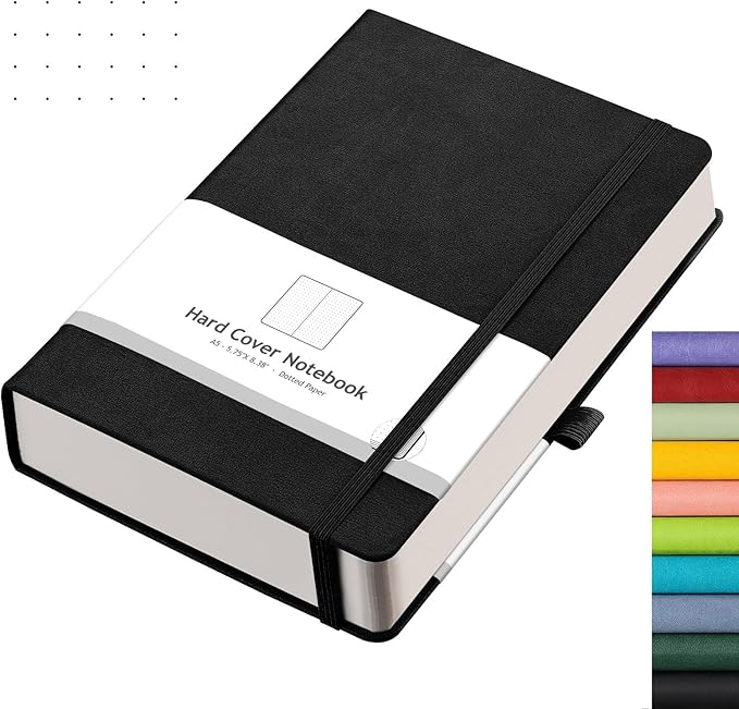 AHGXG Bullet Dotted Journal - 320 Numbered Pages Dot Grid Notebook A5 Thick Journal, 100gsm Thick Dotted Paper, Leather Hardcover,Inner Pocket, 5.75'' × 8.38'' - Black