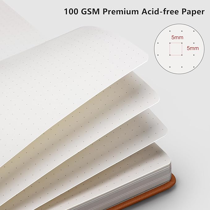 RETTACY Bullet Dotted Journal Notebook, 192 Pages, A5 Medium Size (5.7'' x 8.3''), Leather Hardcover, 100 GSM Thick Paper, for Bullet Journaling, Planning, Tracking (Brown)