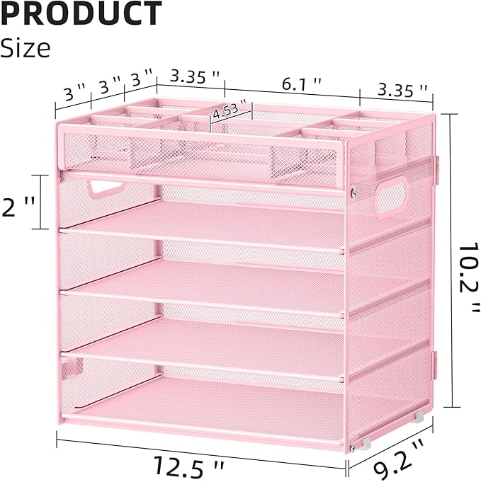 Marbrasse 5-Tier Letter Tray Paper Organizer with Handle, Multi-Functional Mesh File Organizer for Desk, Adjustable Compartments Mesh Desktop Storage for Office Supplies, Pink