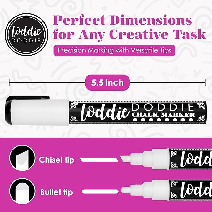 Loddie Doddie Liquid Chalk Markers - Pack of 4, 6mm White Chalk Markers for Chalkboard, Window, Glass & Bistro, Bullet & Chisel Tip - Erasable Ink Pens for Blackboard - Chalkboard Pens Erasable