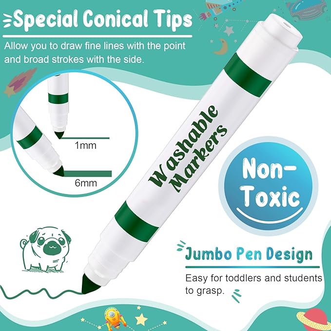 Janlaugh 60 Pcs green Washable Markers Bulk Coloring Broad Line Markers for Kids Conical Tip green drawing pens for Classroom Back to School travel Art baby shower gender reveal Supplies, Ages 6+