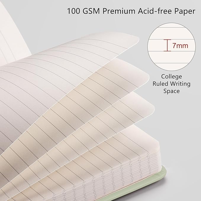 RETTACY Lined Journal Notebook, 192 Numbered Pages, A5 Medium Size (5.7'' x 8.3''), for Men & Women, Journaling, Writing, Work & Office, Leather Hardcover, 100 GSM Thick Paper (Light Green)