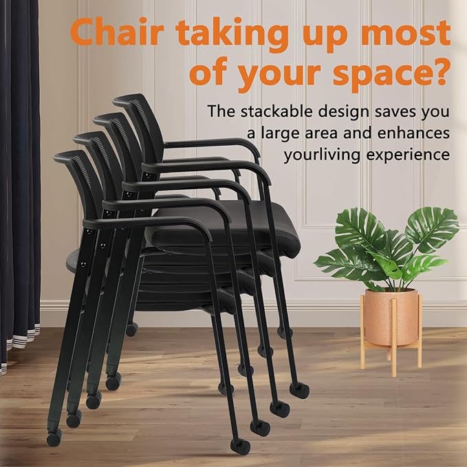 CLATINA Stacking Office Chair with Wheels, Mesh Back Waiting Room Guest Chairs with Arms Comfortable Leather Cushion Stackable Desk Chair for Conference Reception School Side Stationary, Black, 4PK