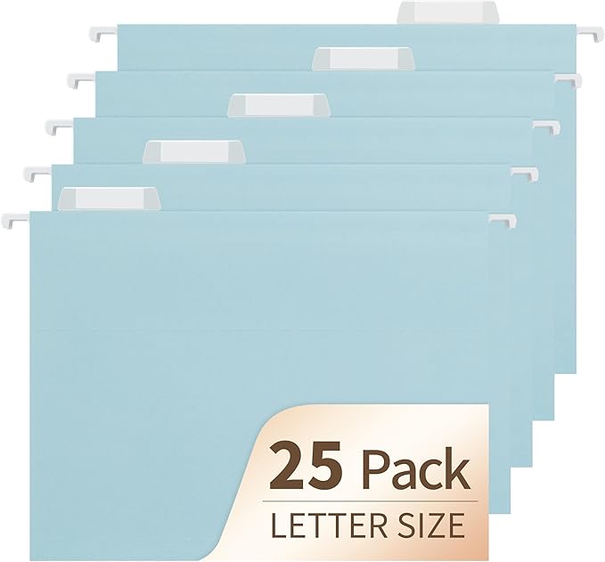 Hanging File Folders, 25 Pack Letter Size File Folders with 1/5-cut Tabs, Office Essentials for Filing Cabinet & Desk Storage