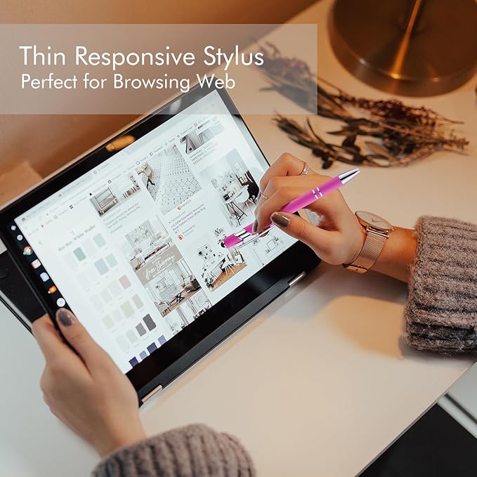 LINFANC 12 Pack Pink Ballpoint Pen with Stylus Tip, 1.0 mm Black Ink Smooth Writing Pens, Metal Stylus Pens for Touch Screens