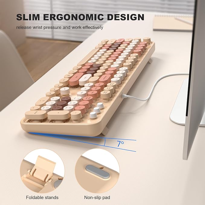 Computer Wired Keyboard, Plug Play USB Full-Size Keyboard with Large Number Pad, Caps Indicators, Foldable Stands, for Windows 7/8/10 PC Laptop (Milk Tea Colorful)