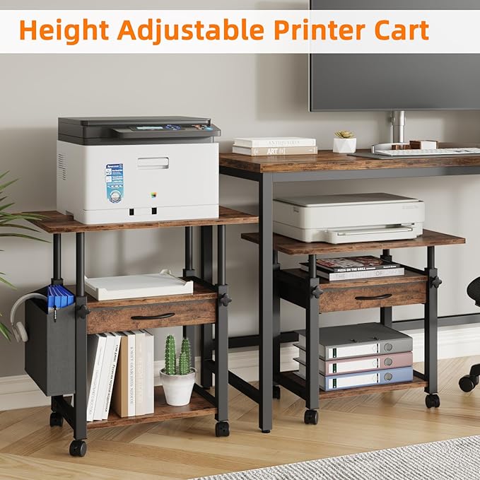 Large Printer Stand with Storage Drawer and Side Bag, 3-Tier Height Adjustable Table for Home Office, Fits Heat Press/Laser/3D Printer (Rustic Brown)