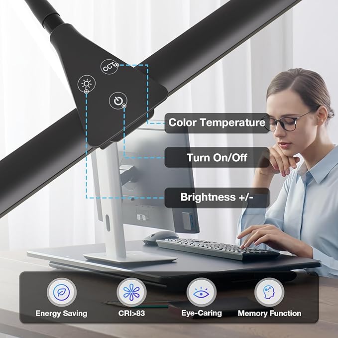 LED Desk Lamp for Home Office, Bright Double Head Desk Lamp with Clamp, Dimmable 5 Color Modes Desk Lighting, 12W Eye-Caring Architect Table Lamp for Workbench, Monitor, Reading, Study, 1400lm