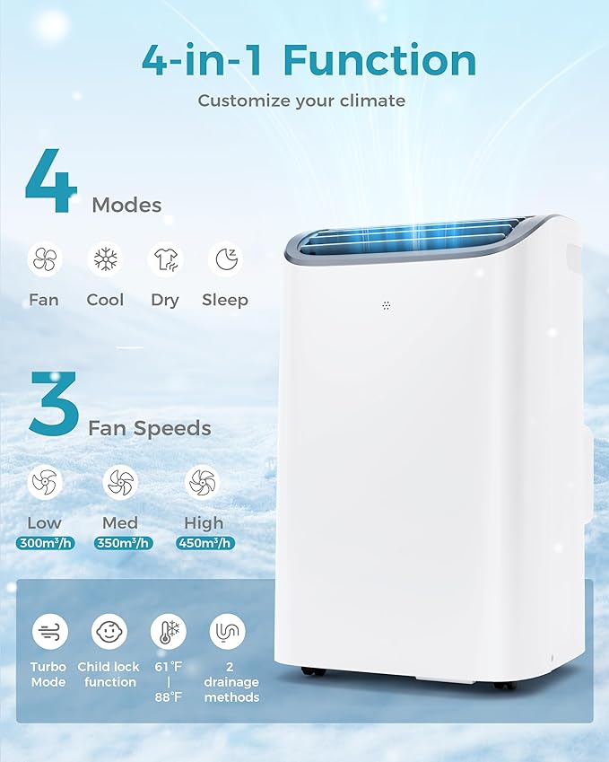 EUHOMY Portable Air Conditioners, 14000 BTU Portable AC Unit up to 700 Sq.Ft, 4-in-1 Portable Air Conditioner with Cool,mDehumidifier, Fan, Sleep Mode, 24H Timer, Remote, for Apartment, RVs, Bedroom