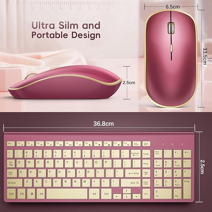 JOYACCESS Wireless Keyboard and Mouse, 2.4g Slim and Ergonomic Wireless Keyboard Mouse Combo- Full Size and Portable Design for Laptop/Windows/Computer-Wine Red Gold