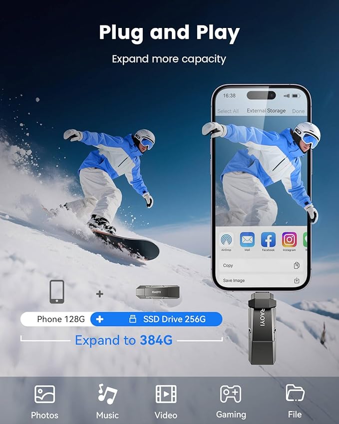 RAOYI 256GB USB C External SSD, 2-in-1 Solid State Drive Up to 450MB/s Dual USB 3.2 + Type-C Thumb Drive Portable SSD Drive for iPhone 15/16, Android, Tablet, PC and PS4