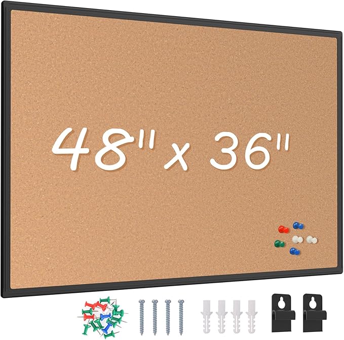 Board2by Bulletin Board 48 x 36, Black Aluminium Framed 4x3 Corkboard , Large Wall Mounted Notice Board with 18 Push Pins for School, Home & Office