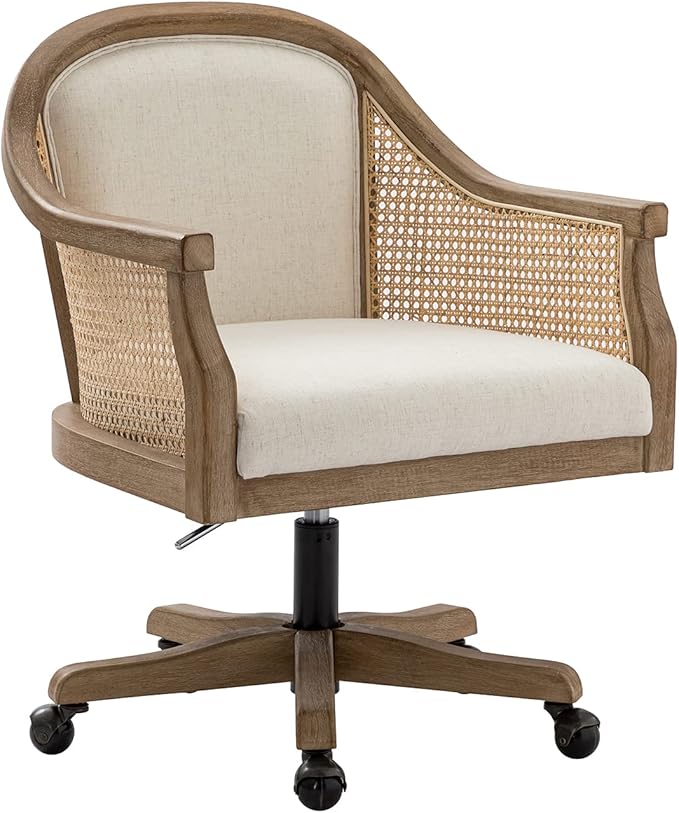 HULALA HOME Rattan Desk Chair, Upholstered Home Office Chair, Vintage Office Chair with Armrest, Adjustable Swivel Rolling Height Task Chair for Living Room Bedroom Study Room, Ivory