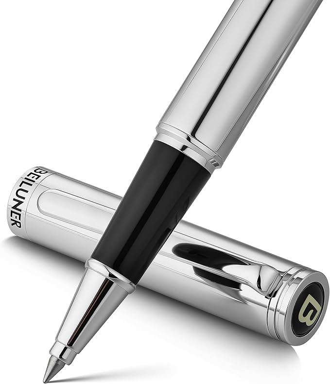 BEILUNER Luxury Silver Grey Rollerball Pen with Chrome Trim, Schmidt Ink Refill, Gift Case, Best for Men's Executive Office, Unisex