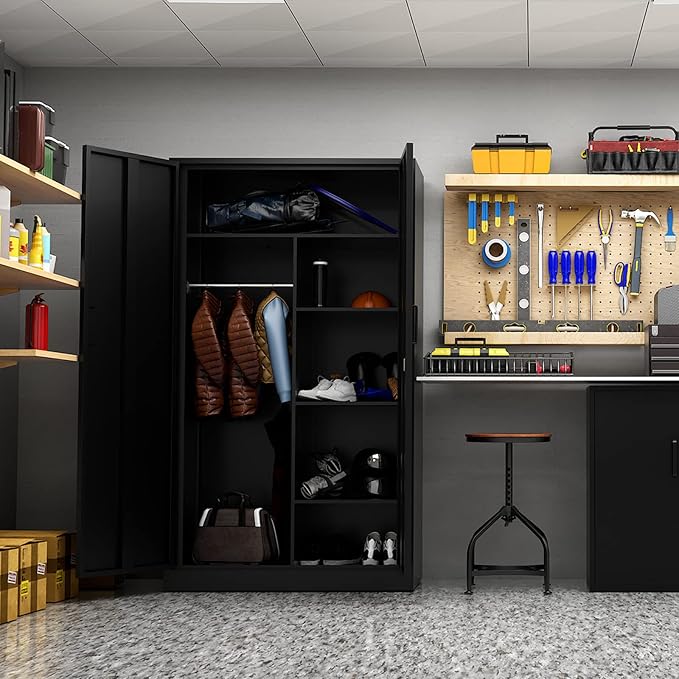 MIIIKO Steel Cabinet Wardrobe, Metal Locker Cabinet with Hanging Rod, Metal Clothing Locker Storage for Home, Office, Garage and Changing Room
