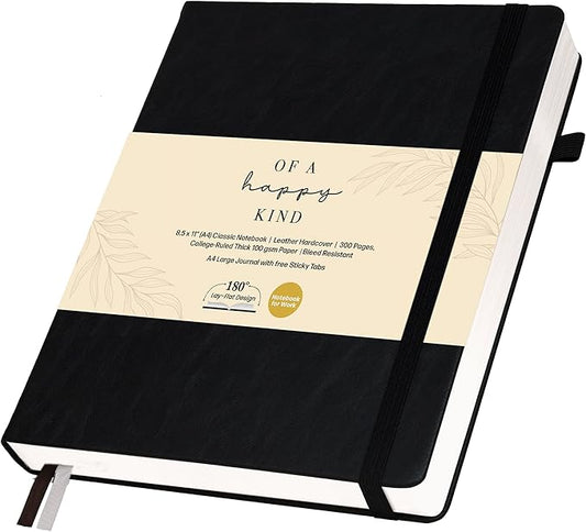 Thick Lined Journal Notebook 8.5x11" with Big A4 Hardcover Leather - Black - 300 Pages College Ruled Large with Sticky Tabs, Pockets, & Pen Loop for Writing and Journaling - Hard Cover Fancy Notebook