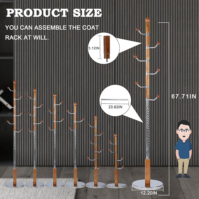 Coat Racks FreeStanding with 14 Hooks, Natural Wood Coat Rack with Solid Round Base, Adjustable Height Coat Racks, Easy Assembly for Hallway, Bedroom and Office (Solid Wood Metal Hook)