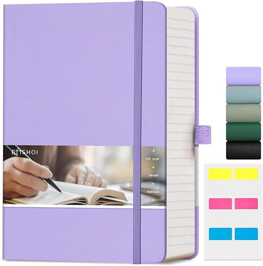 EMSHOI A5 College Ruled Notebook Journal- 400 Pages (200 sheets), 7mm Spacing & Vegan Leather Cover for Work, School, Bible Study, Bullet Journaling- with Sticky Notes, Pocket & Pen Hold- Purple