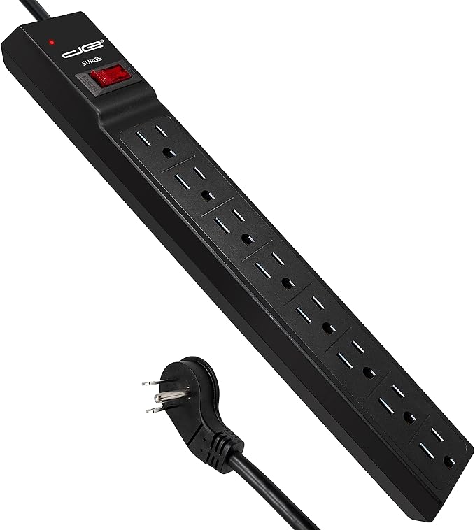 Digital Energy 8 Outlet Surge Protector Power Strip - 15 AMP, 1875 W, 125 V, 350 J Surge Protection, ETL Listed - Flat Plug, Black, 3 FT