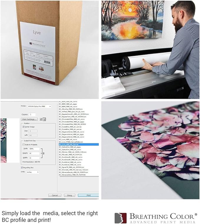 Premium Lyve Matte Canvas Paper Perfect for Use on Professional Makes and Models of Epson, Canon and HP Printers Preferred by Professionals. 19 mil Textured Canvas Offered in a 44 inch by 40 ft roll