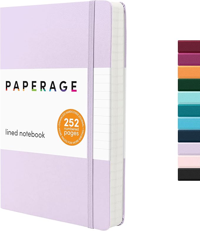 PAPERAGE Lined Journal Notebook, (Lavender), 252 Pages, Medium 5.6 in x 8 in - 100 GSM Thick Paper – Hardcover Journaling Notebook for Work, School & Note Taking