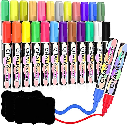 Liquid Chalk Markers for Blackboard, 24 colors Erasable Chalk Markers Pen for Windows, Glass, Chalkboard, Blackboard, Auto, Mirror, Calendar - 6mm Reversible Bullet&Chisel Tip &36pcs Chalkboard Lables