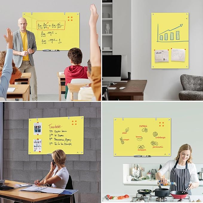 TSJ OFFICE Glass Dry-Erase Board - 36 x 24 Inches Wall Mounted Magnetic Whiteboard, Large Frameless Glass White Board for Office, Home & School, Yellow